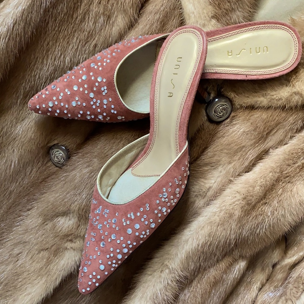 Coral pink leather kid suede slip-ons, 7.5B